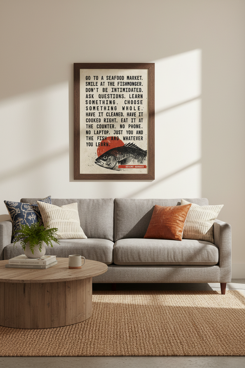 Anthony Bourdain Quote Wall Art | Kitchen Fish Poster | Retro Foodie Decor