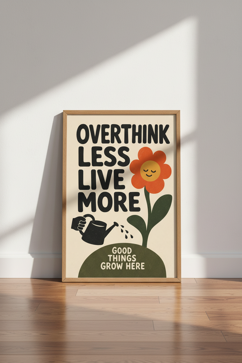 Overthink Less Live More Wall Art | Retro Flower Quote Poster | Boho Home Office Decor