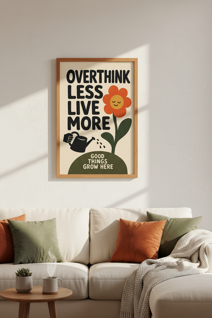 Overthink Less Live More Wall Art | Retro Flower Quote Poster | Boho Home Office Decor