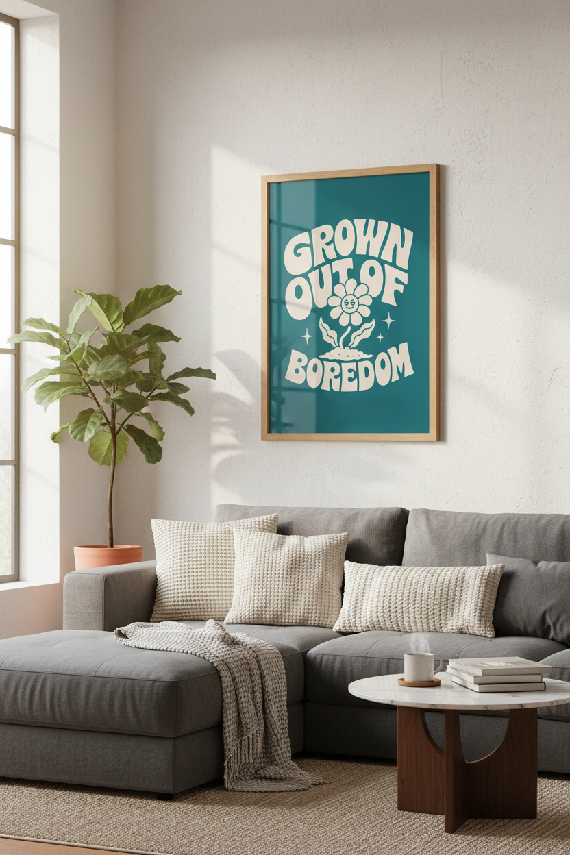 Retro Flower Quote Wall Art | Grown Out Of Boredom Poster | Groovy Teal Room Decor