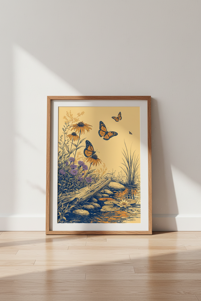 Monarch Butterfly &amp; Meadow Wall Art Print | Botanical Home Decor | Vintage Floral Poster