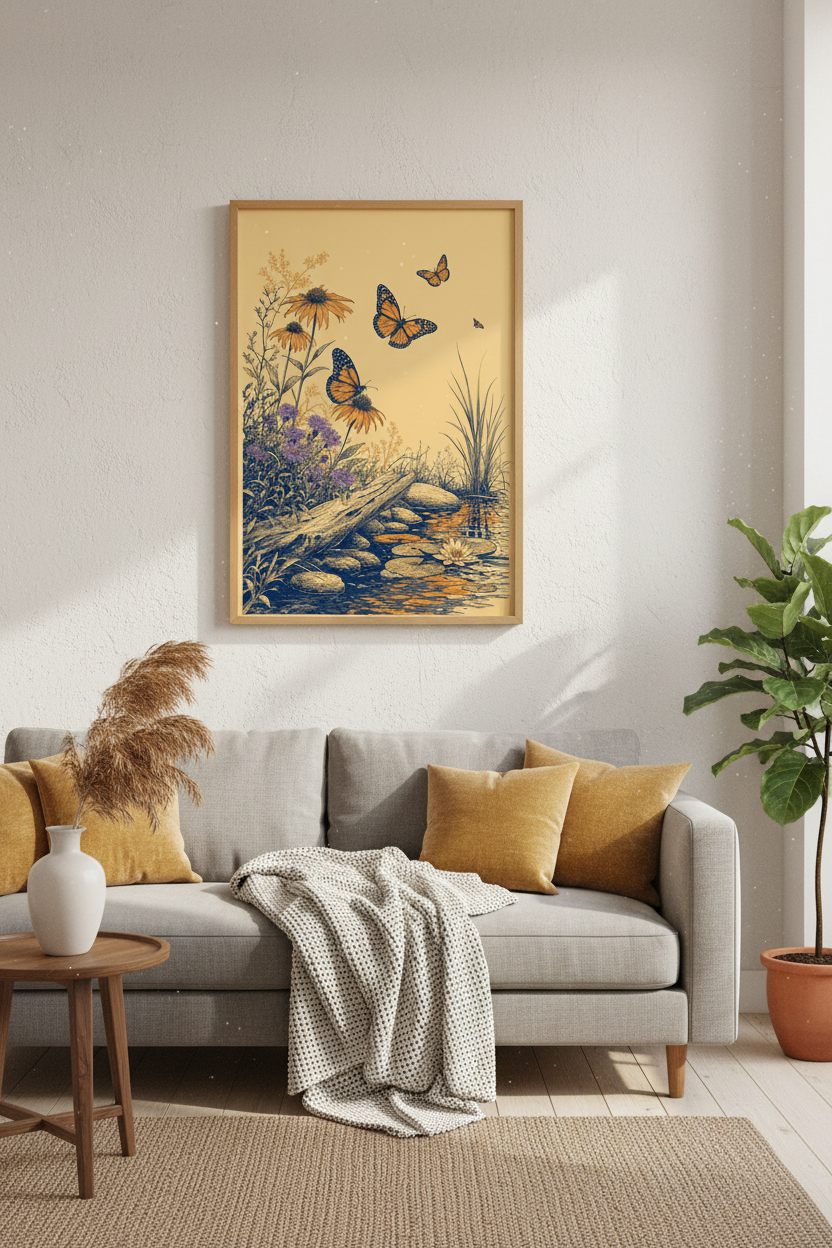 Monarch Butterfly &amp; Meadow Wall Art Print | Botanical Home Decor | Vintage Floral Poster