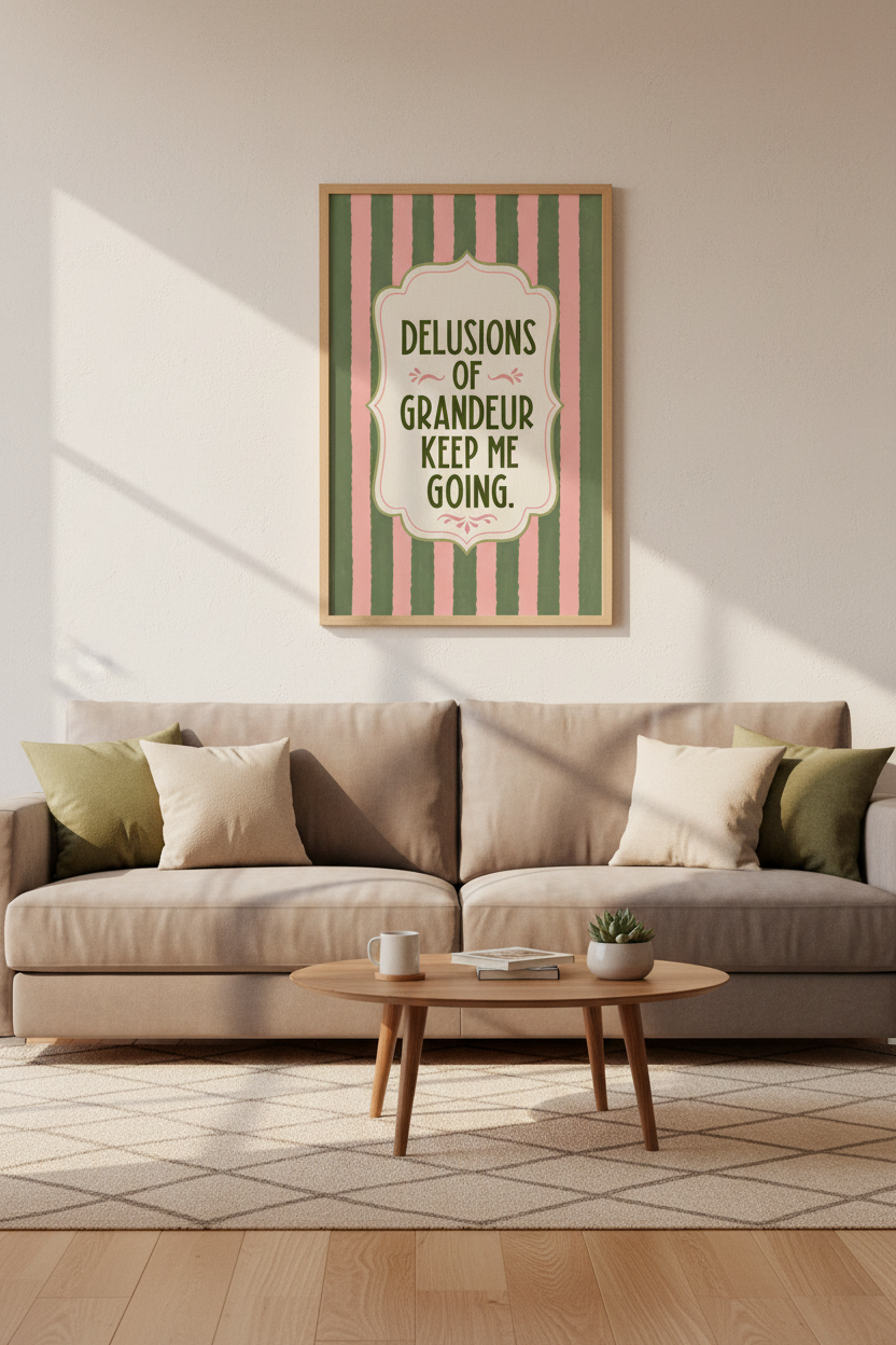 Delusions of Grandeur Quote Wall Art | Pink &amp; Green Stripe Poster, Eclectic Home Decor