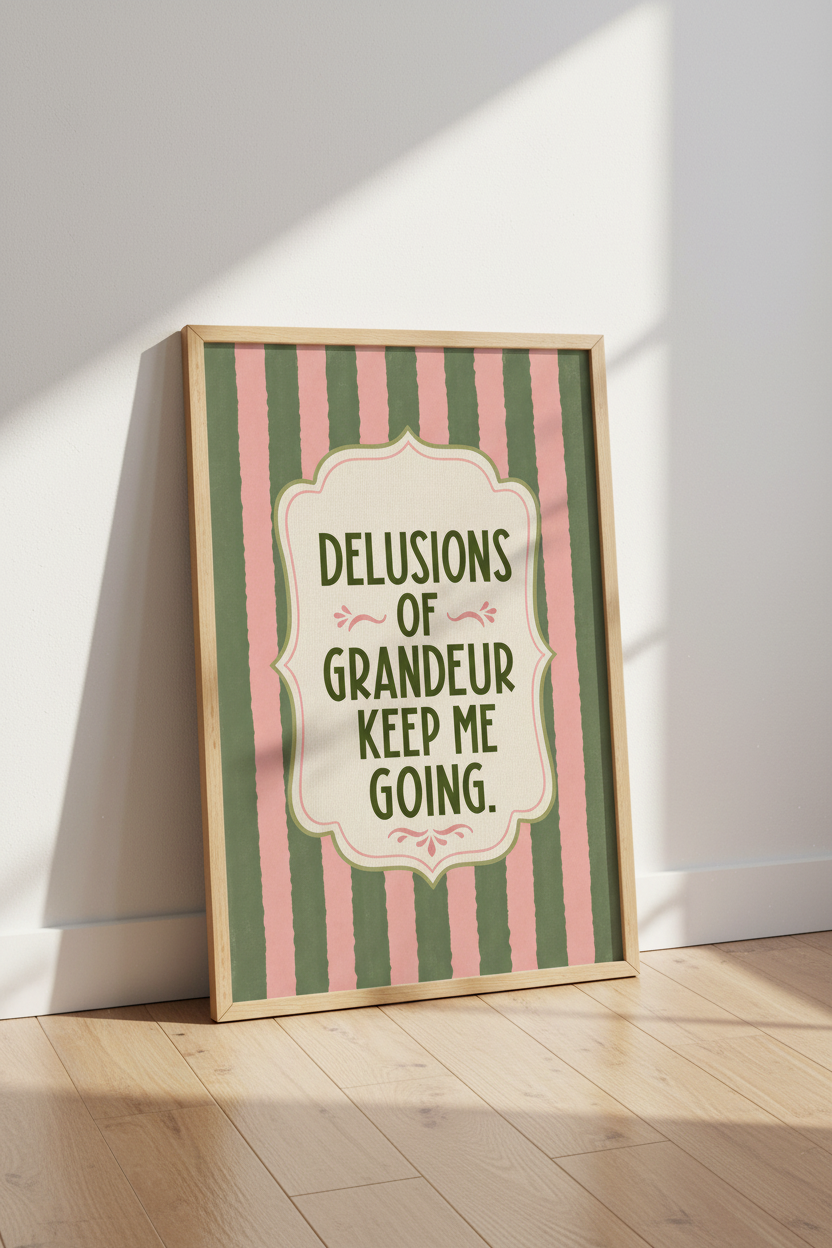 Delusions of Grandeur Quote Wall Art | Pink &amp; Green Stripe Poster, Eclectic Home Decor