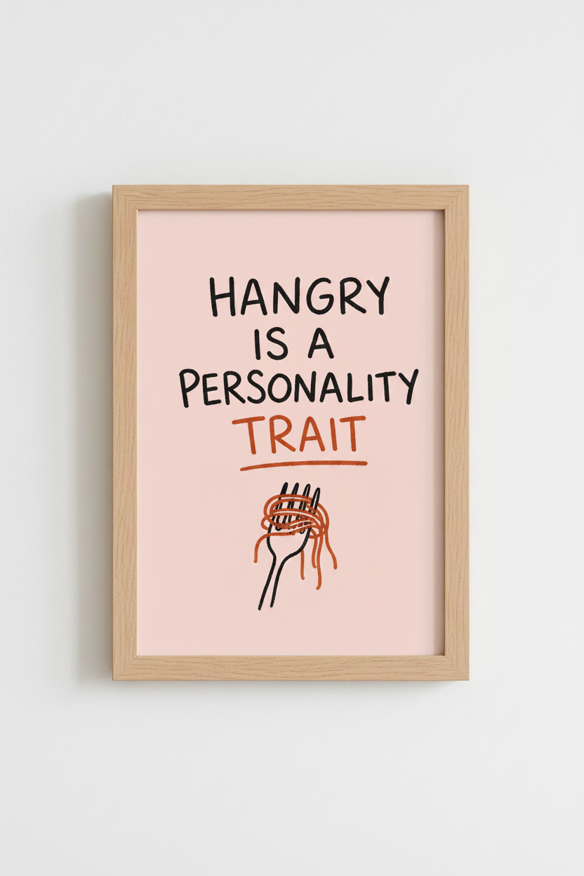 Hangry Personality Trait Kitchen Wall Art | Funny Pasta Poster | Pastel Pink Decor
