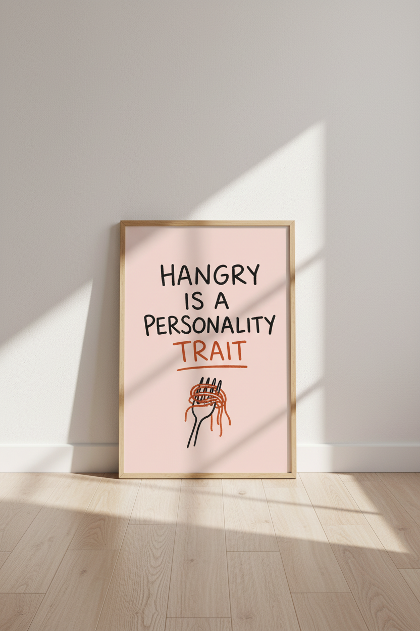 Hangry Personality Trait Kitchen Wall Art | Funny Pasta Poster | Pastel Pink Decor