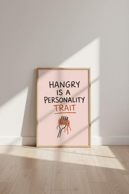 Hangry Personality Trait Kitchen Wall Art | Funny Pasta Poster | Pastel Pink Decor