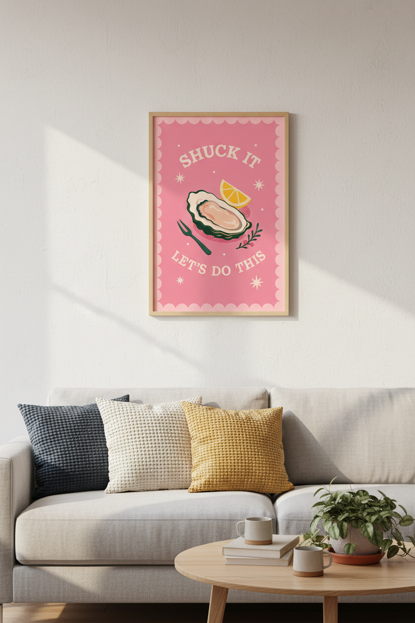 Oyster Quote Art | Pink Retro Foodie Print, Funny Kitchen Decor Poster