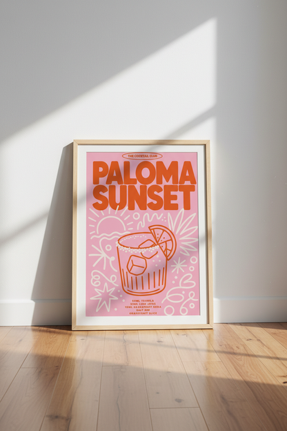 Paloma Sunset Cocktail Wall Art | Retro Pink &amp; Orange Poster | Kitchen Bar Decor