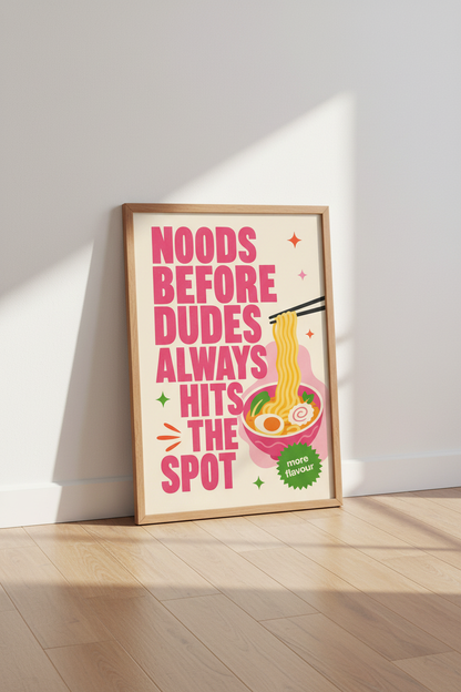 Noods Before Dudes Pink Ramen Wall Art | Funny Kitchen Decor | Retro Foodie Poster