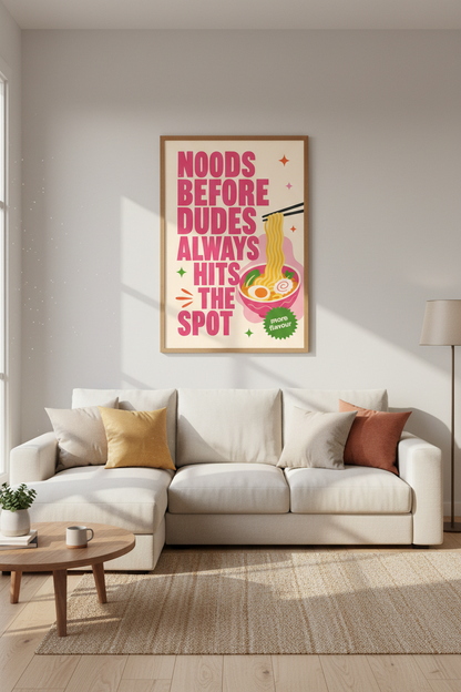 Noods Before Dudes Pink Ramen Wall Art | Funny Kitchen Decor | Retro Foodie Poster