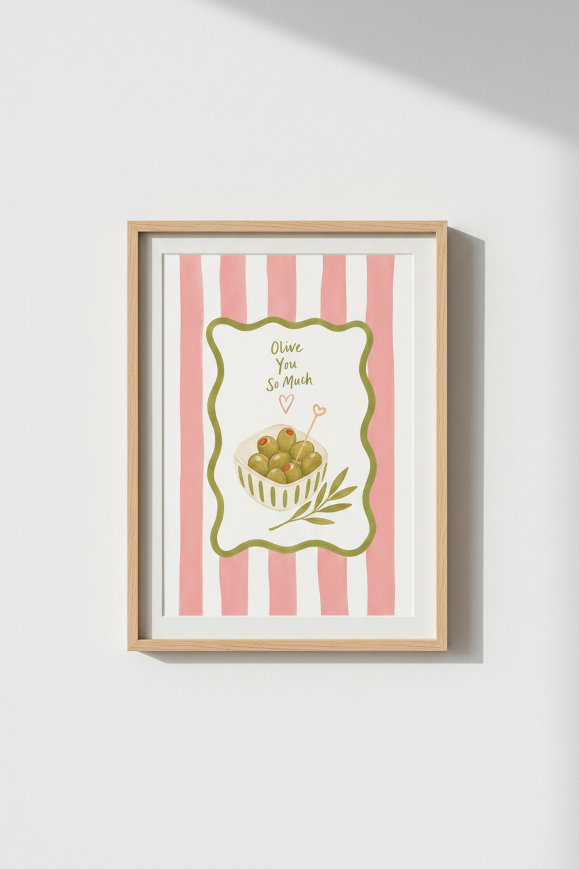 Olive You So Much Poster | Funny Kitchen Wall Art Print | Pink Stripe Aesthetic