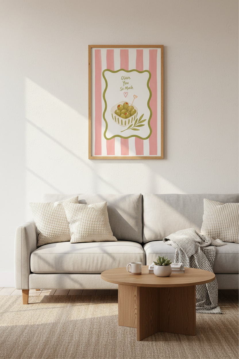 Olive You So Much Poster | Funny Kitchen Wall Art Print | Pink Stripe Aesthetic
