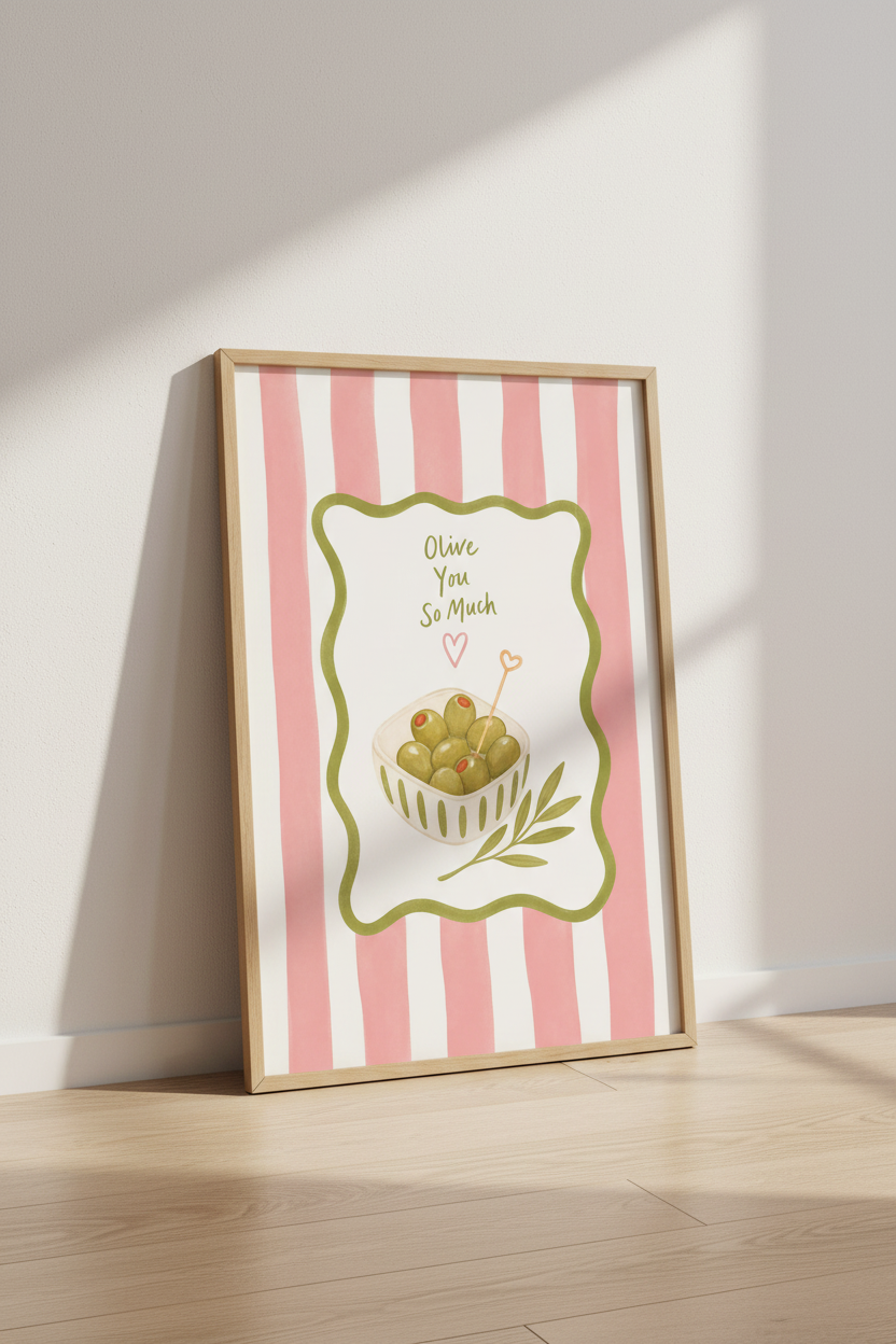Olive You So Much Poster | Funny Kitchen Wall Art Print | Pink Stripe Aesthetic