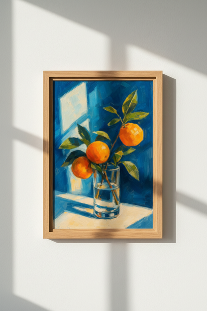 Citrus Oil Painting Print | Blue &amp; Orange Fruit Wall Art | Mediterranean Kitchen Poster