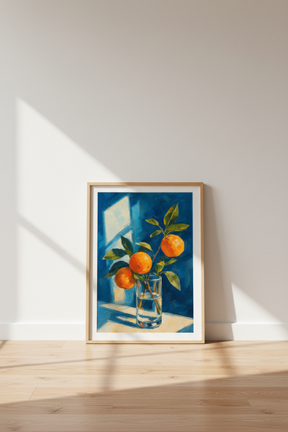 Citrus Oil Painting Print | Blue &amp; Orange Fruit Wall Art | Mediterranean Kitchen Poster
