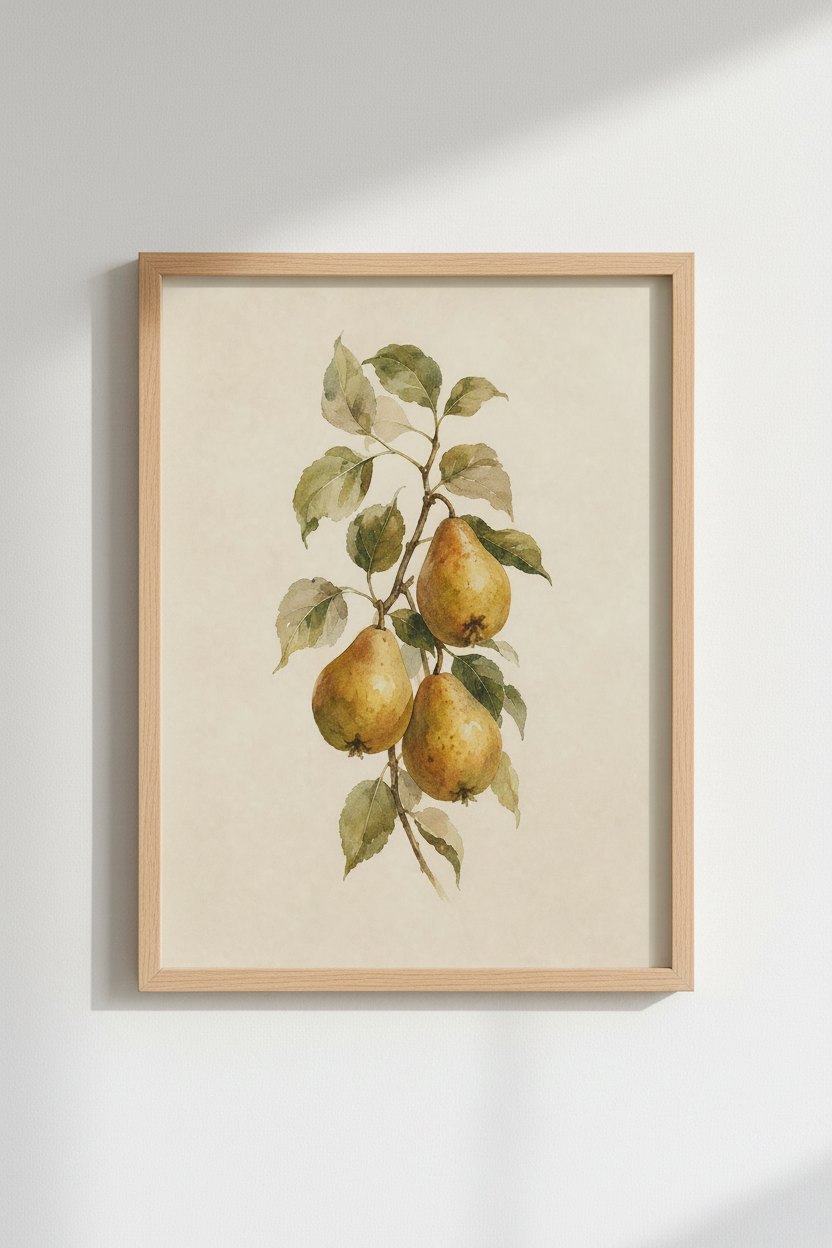 Vintage Pear Branch Watercolor Wall Art | Kitchen Decor | Botanical Fruit Poster