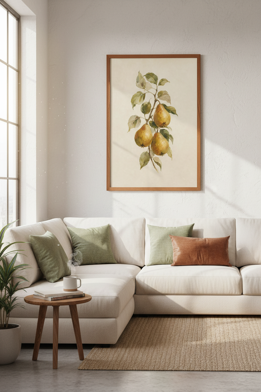 Vintage Pear Branch Watercolor Wall Art | Kitchen Decor | Botanical Fruit Poster