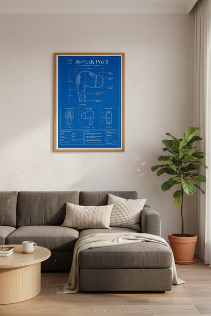 AirPods Pro 3 Blueprint Wall Art | Office Decor | Industrial Tech Poster