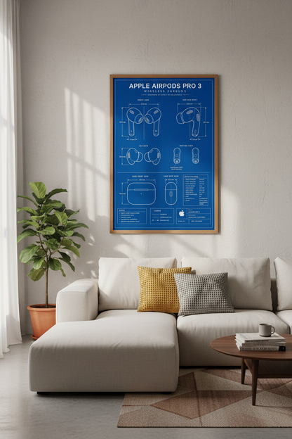 AirPods Pro 3 Blueprint Art | Tech Patent Poster, Office Wall Decor