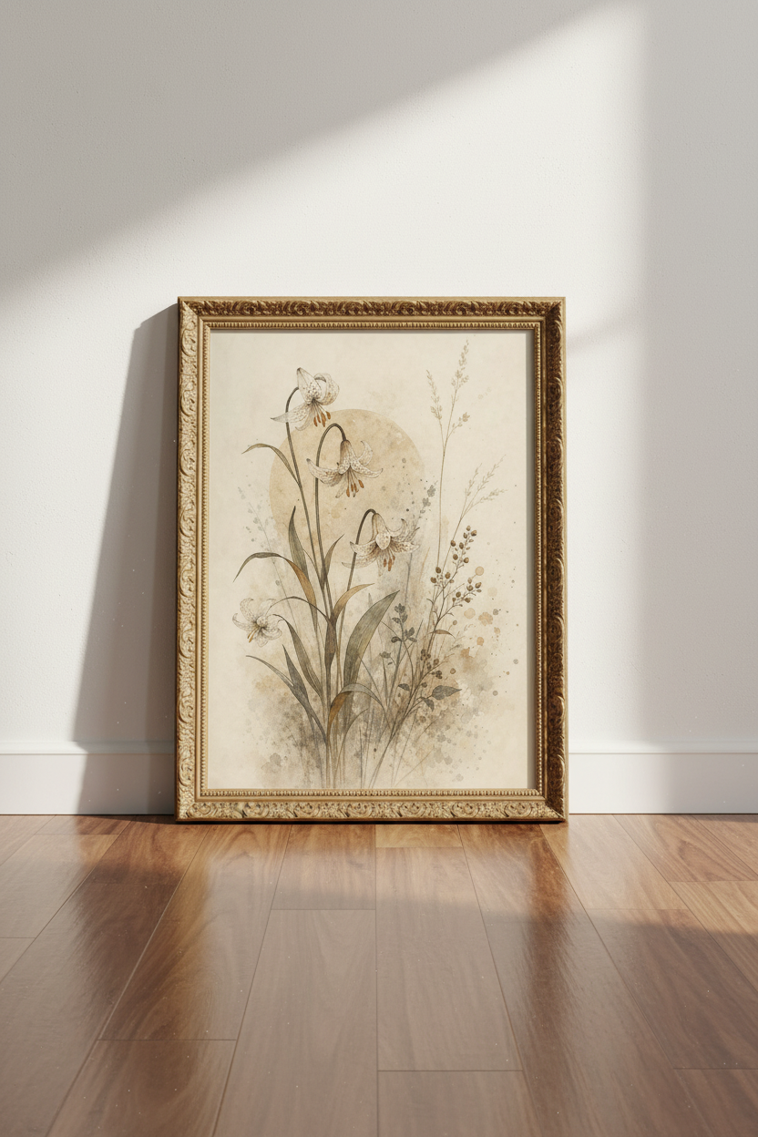 Botanical Lily Wall Art Print | Living Room Decor | Soft Vintage Poster