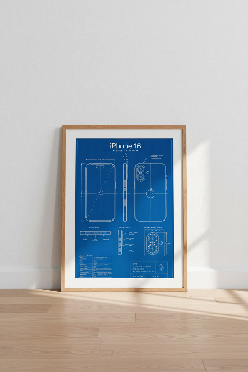 iPhone 16 Blueprint Wall Art Print | Office Decor | Minimalist Tech Poster