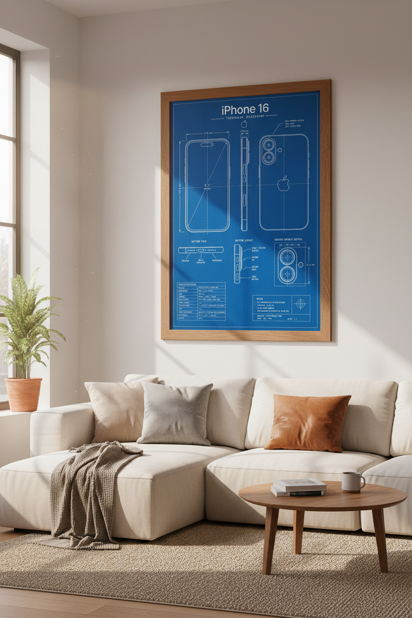 iPhone 16 Blueprint Wall Art Print | Office Decor | Minimalist Tech Poster