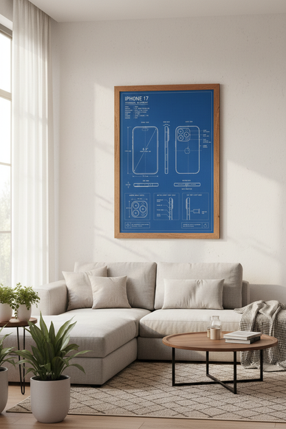 iPhone 17 Technical Blueprint Wall Art | Office Tech Decor | Blue Schematic Poster