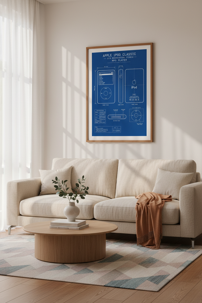 iPod Classic Blueprint Wall Art | Retro Apple Tech Poster, Office Decor