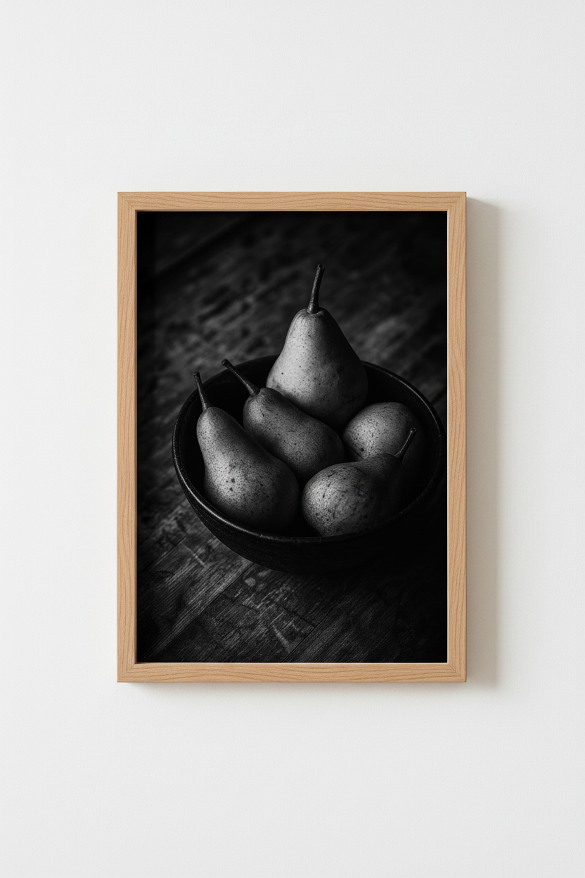 Moody Fruit Wall Art | Black and White Pear Still Life, Rustic Kitchen Decor