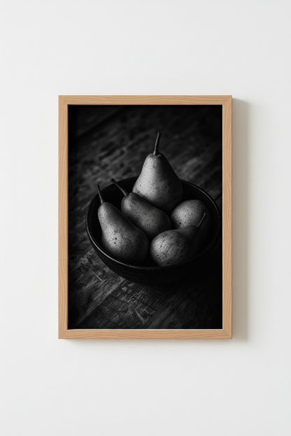 Moody Fruit Wall Art | Black and White Pear Still Life, Rustic Kitchen Decor