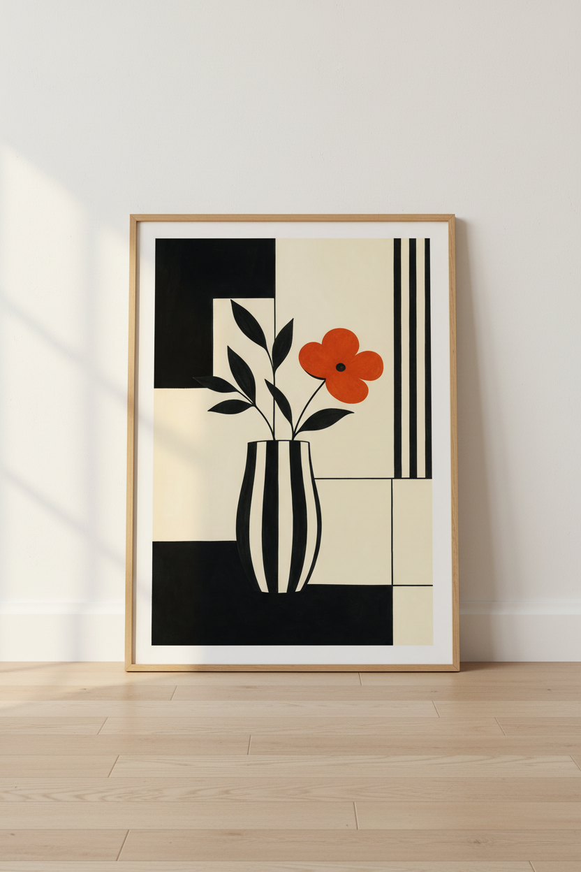 Geometric wall art | Bold orange vase print, living room decor
