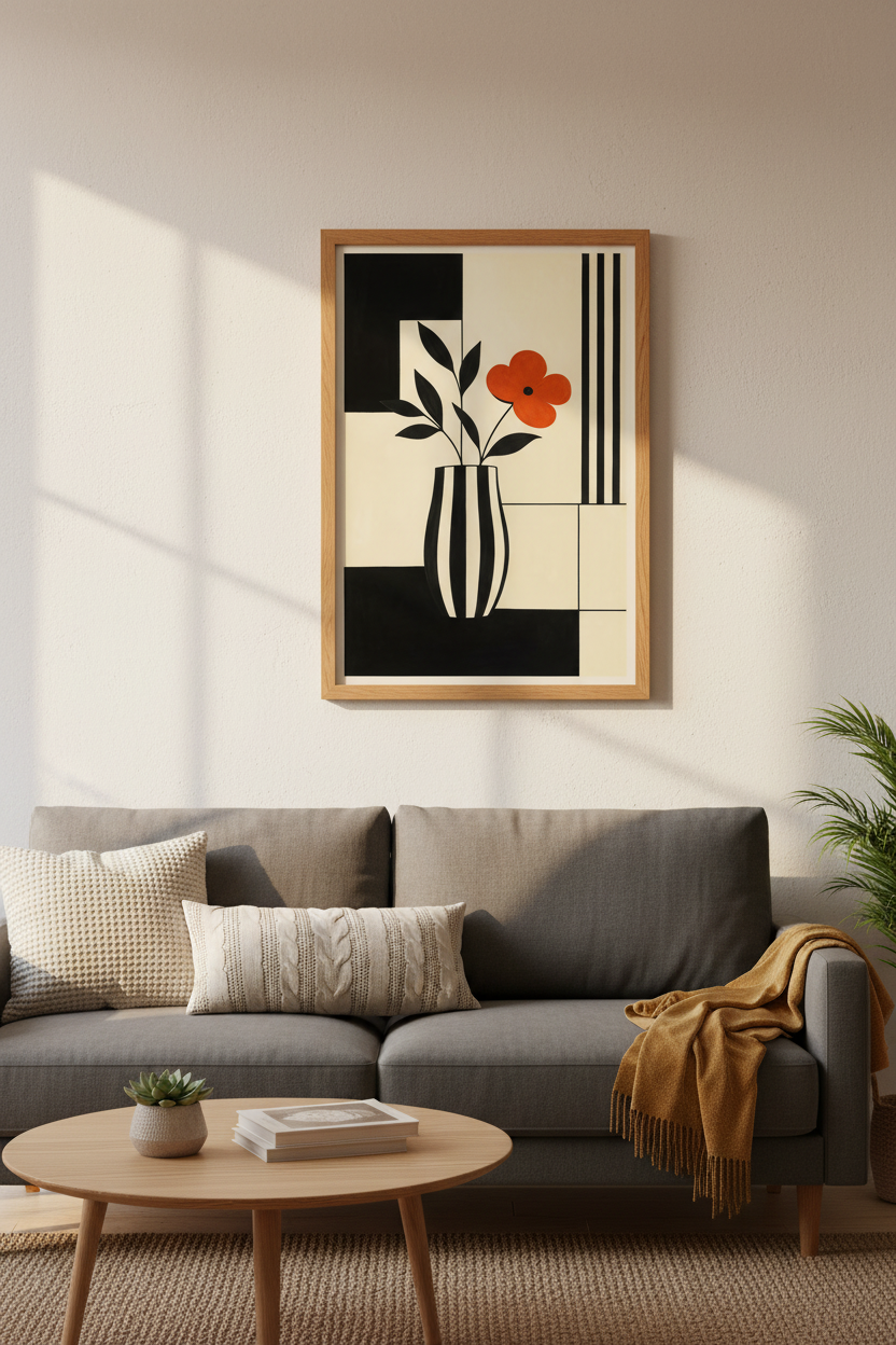 Geometric wall art | Bold orange vase print, living room decor