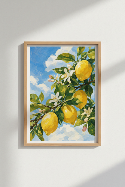 Lemon Tree Wall Art Print | Mediterranean Citrus Decor | Vibrant Blue &amp; Yellow Poster