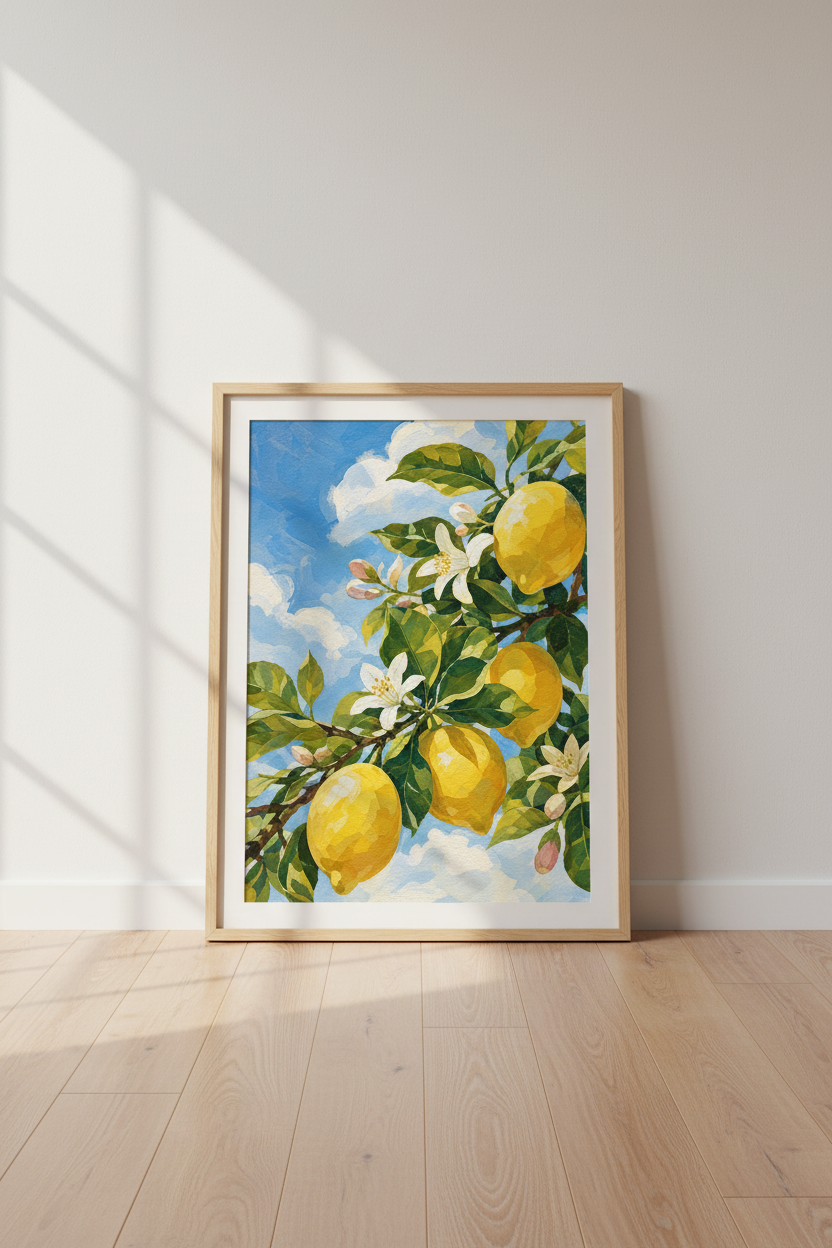 Lemon Tree Wall Art Print | Mediterranean Citrus Decor | Vibrant Blue &amp; Yellow Poster