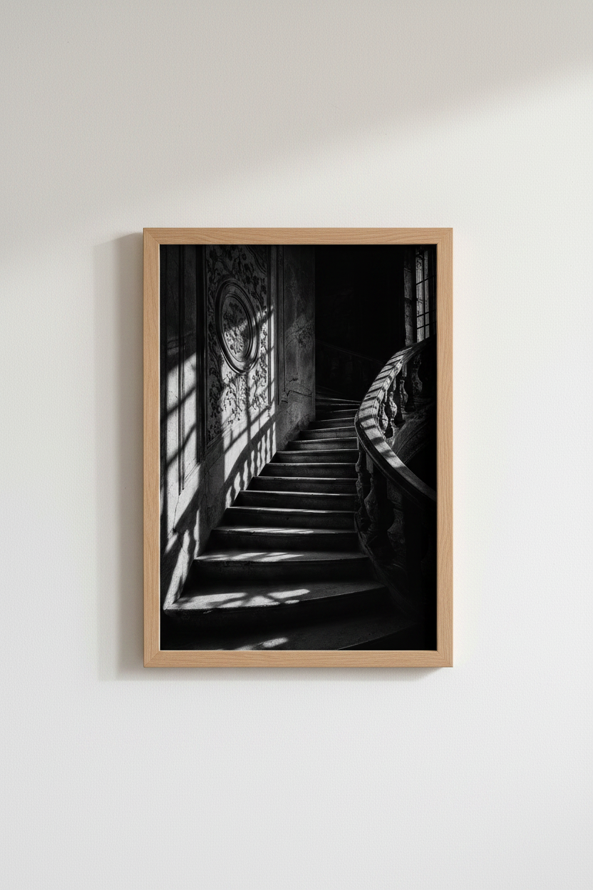 Gothic Dark Academia Art | Moody Black and White Staircase, Ornate Architecture Poster