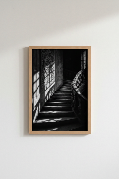 Gothic Dark Academia Art | Moody Black and White Staircase, Ornate Architecture Poster