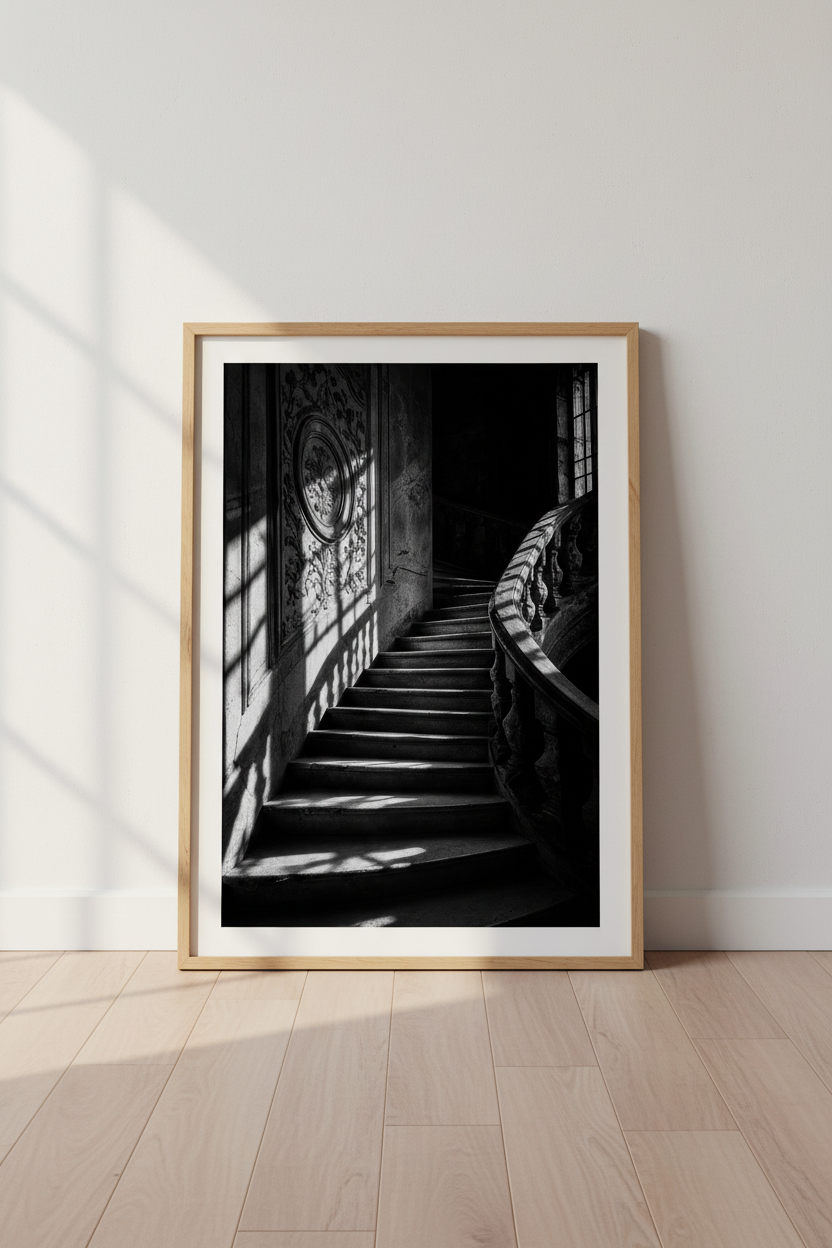 Gothic Dark Academia Art | Moody Black and White Staircase, Ornate Architecture Poster