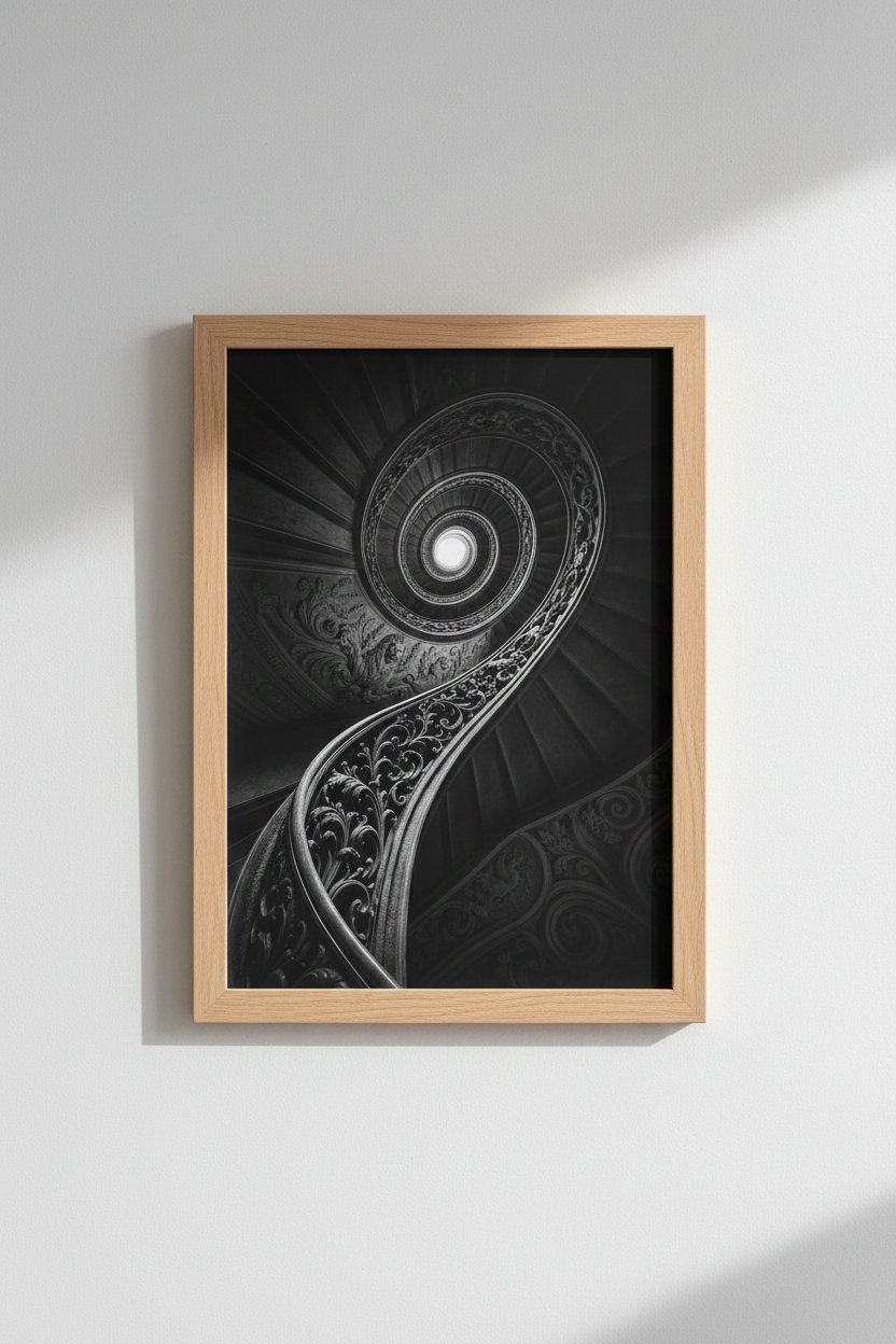 Dark Academia Wall Art | Gothic Spiral Staircase, Moody Black and White Poster