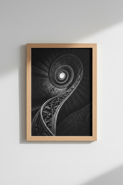 Dark Academia Wall Art | Gothic Spiral Staircase, Moody Black and White Poster