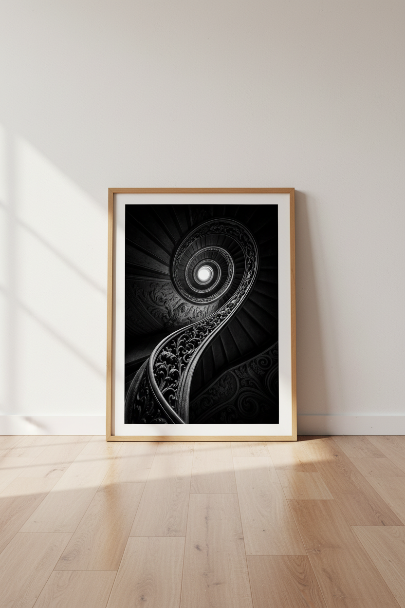 Dark Academia Wall Art | Gothic Spiral Staircase, Moody Black and White Poster