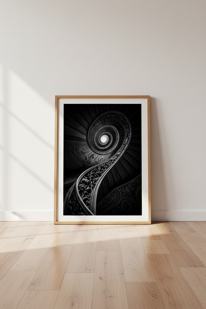 Dark Academia Wall Art | Gothic Spiral Staircase, Moody Black and White Poster