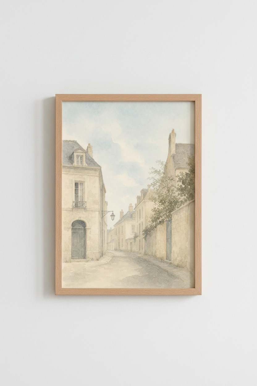 European Street Watercolor | Neutral French Village Art, Living Room Poster