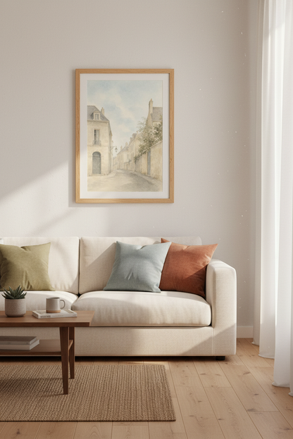 European Street Watercolor | Neutral French Village Art, Living Room Poster