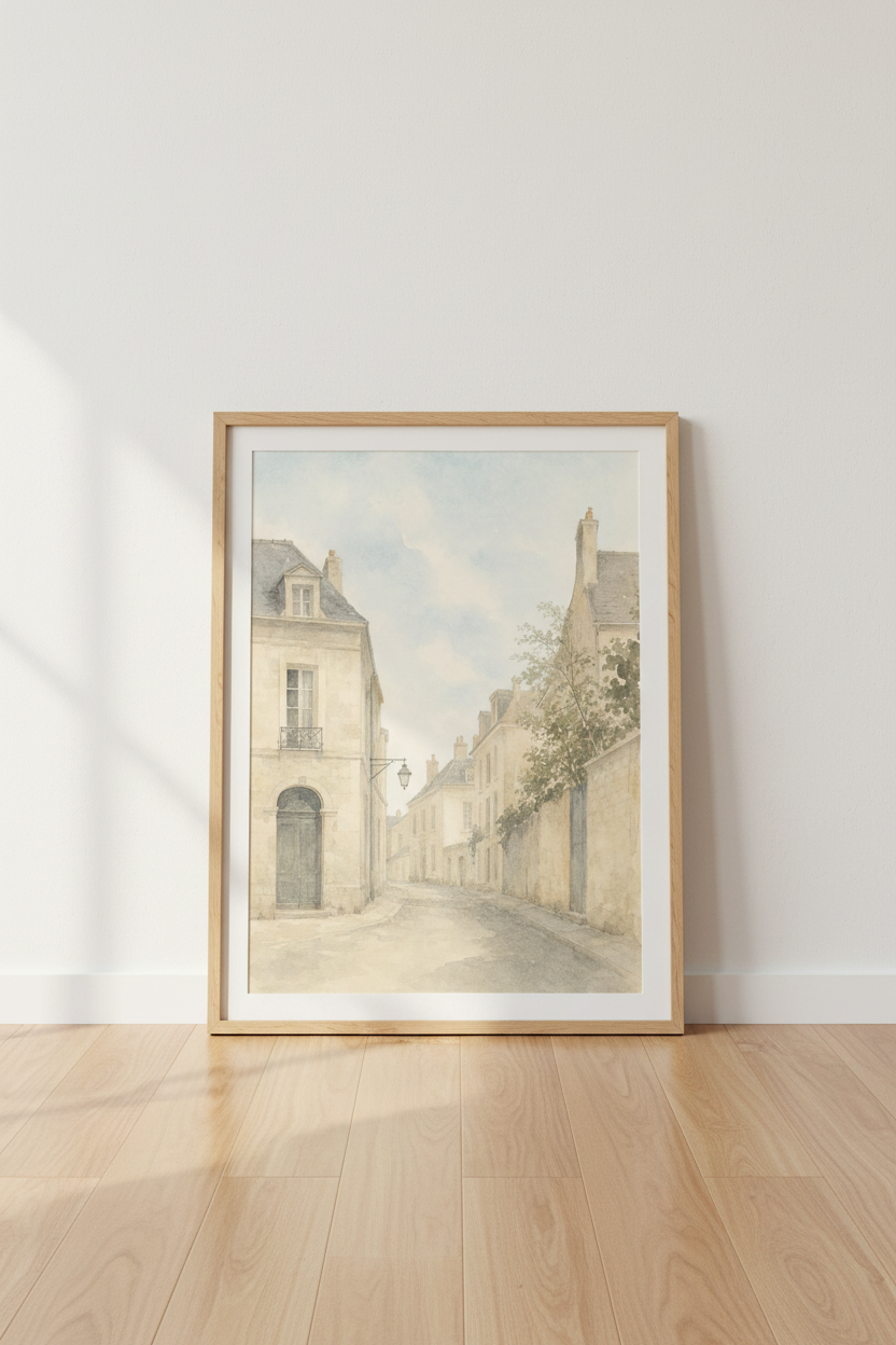 European Street Watercolor | Neutral French Village Art, Living Room Poster