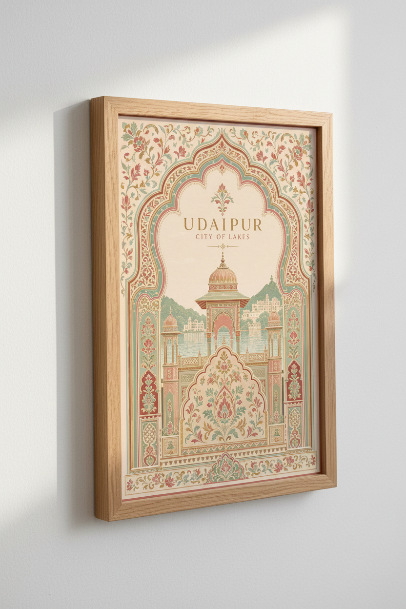 Udaipur India Travel Poster | Vintage Floral Wall Art, Rajasthan Decor
