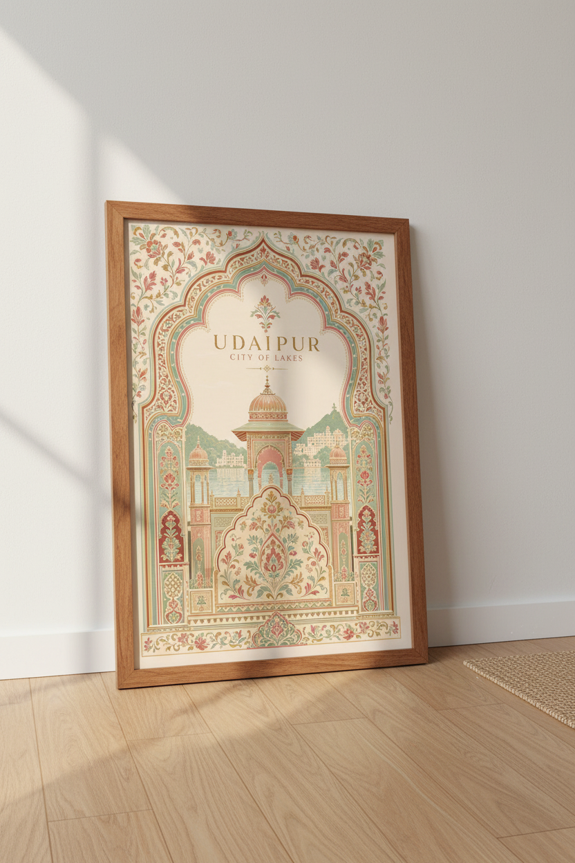 Udaipur India Travel Poster | Vintage Floral Wall Art, Rajasthan Decor