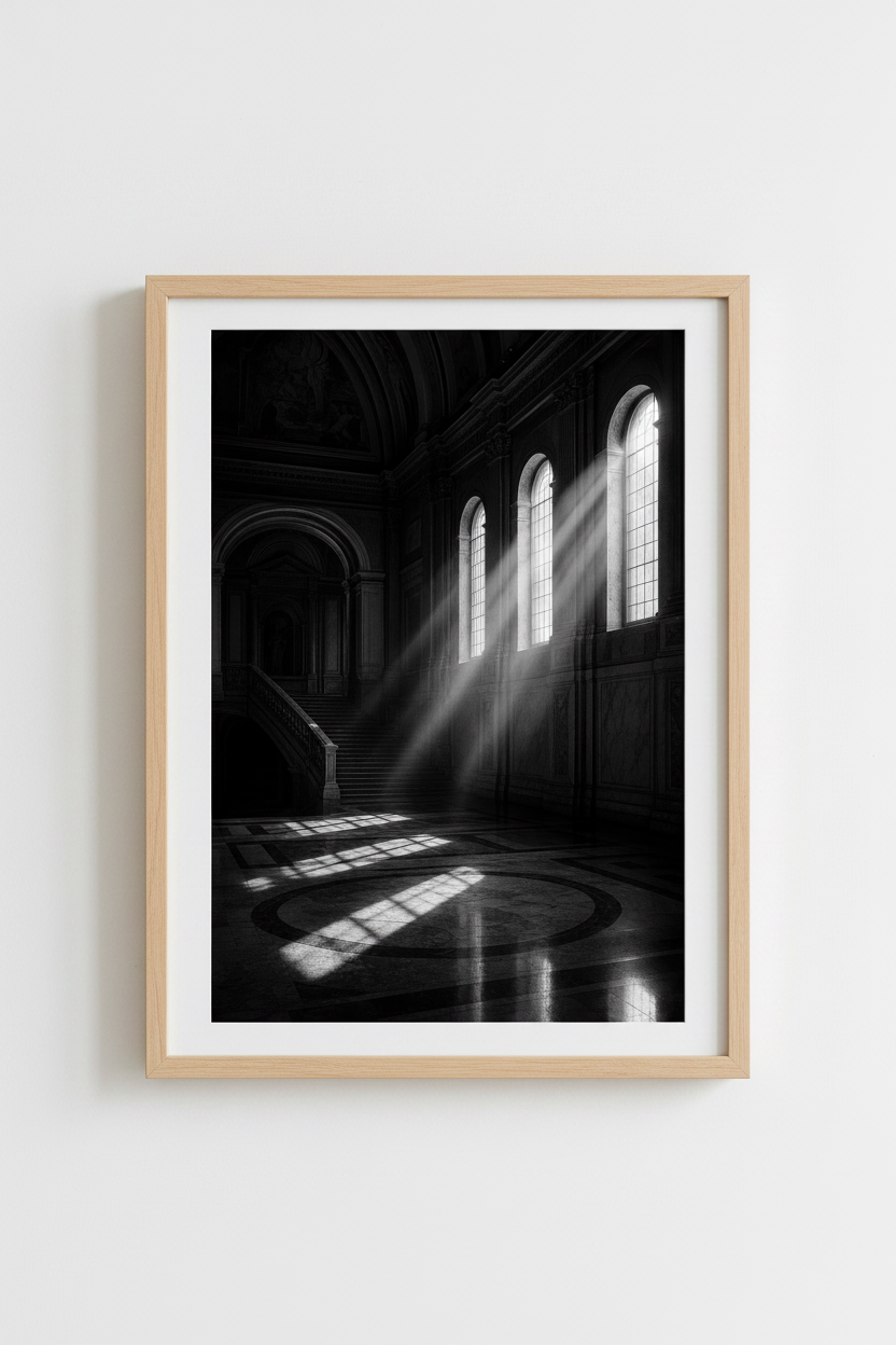 Dark Academia Wall Art | Moody Cathedral Light, Black and White Architecture Poster