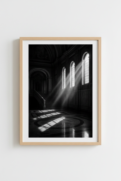 Dark Academia Wall Art | Moody Cathedral Light, Black and White Architecture Poster