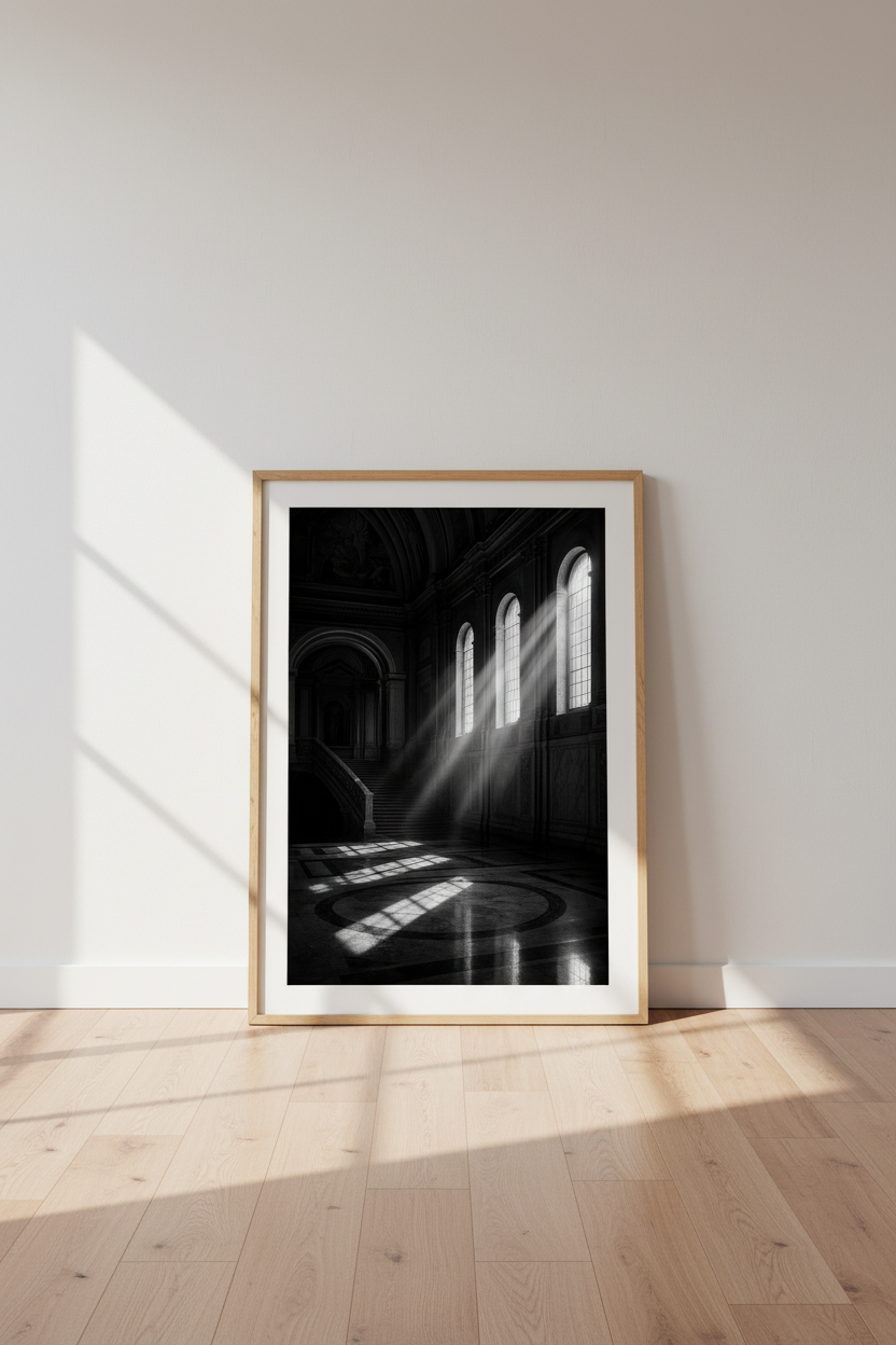 Dark Academia Wall Art | Moody Cathedral Light, Black and White Architecture Poster